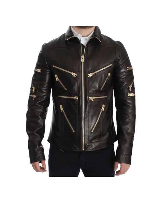 Giacca con cerniera in pelle di agnello marrone di Dolce & Gabbana in Black da Uomo