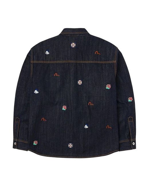 Evisu Overhemden ,Blauw ,Denim Allover Embroidery Regular Fit Denim Shirt Jacket in het Blue voor heren