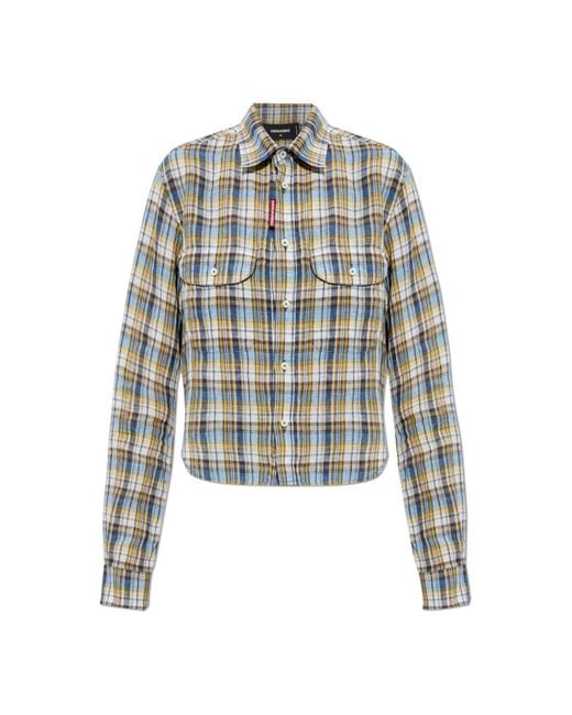 DSquared² Overhemden ,Veelkleurig ,Linnen Linnen Geruit Overhemd in het Blue