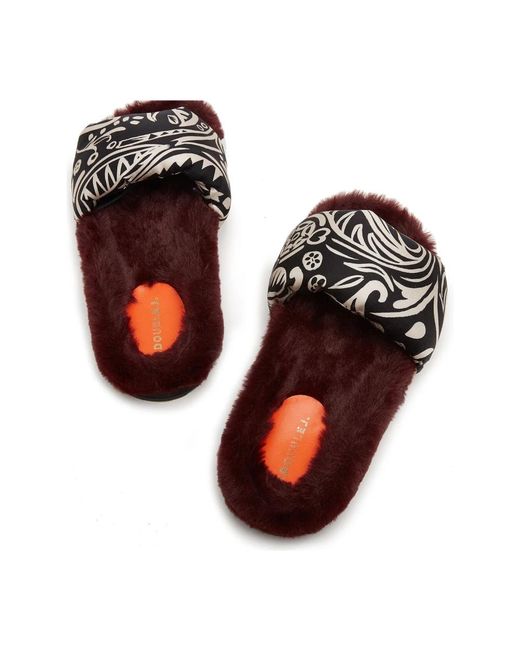 LaDoubleJ Schoenen ,Zwart ,Polyester Furry Slippers Met Levendige Prints in het Multicolor