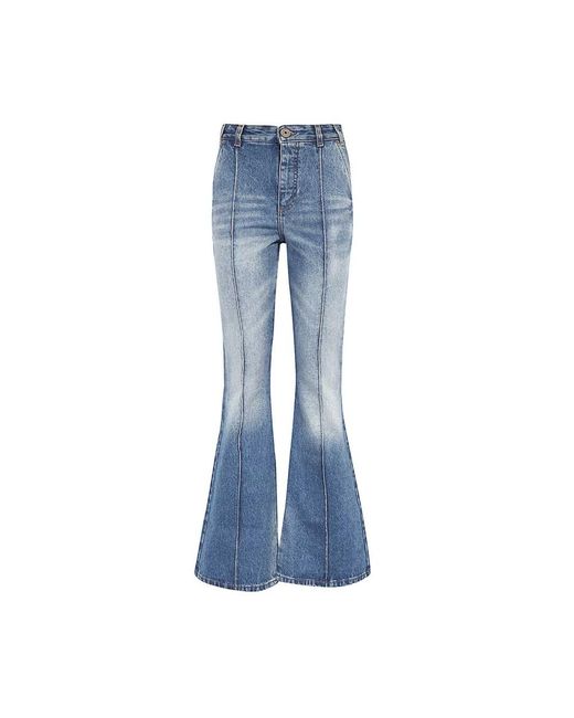 Balmain Jeans ,Blauw ,Denim Flared Denim Broek Met Contraststiksels in het Blue