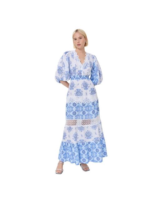 Windsor. Kleedjes ,Blauw ,Linnen Blauwe Bloemen Linnen Maxi Jurk in het Blue