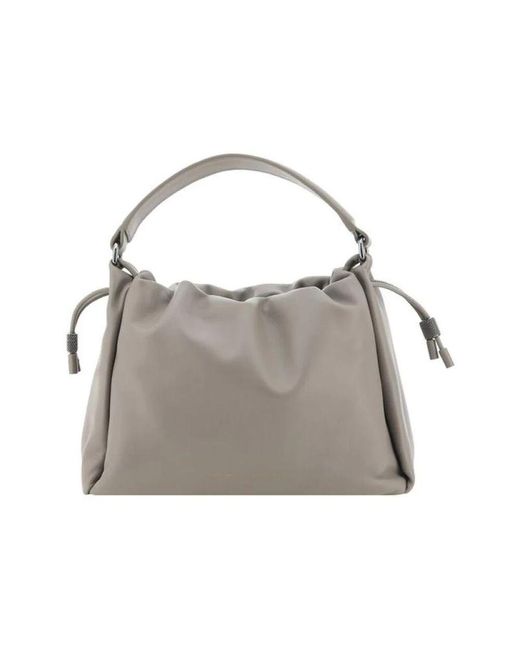 Brunello Cucinelli Gray Leder Schultertasche Mit Kordelzug