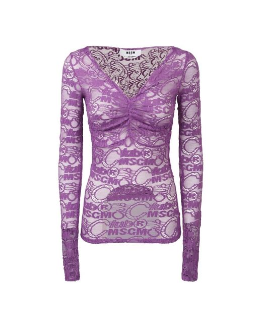 MSGM Purple Lila Spitzen-Strickoberteil Mit V-Ausschnitt