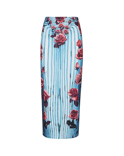 Falda midi a rayas azul con estampado de rosas Jean Paul Gaultier de color Blue