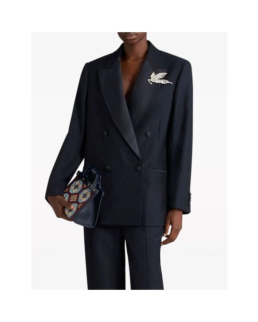 Etro Blue Doppelreihiger wolljacquardmantel
