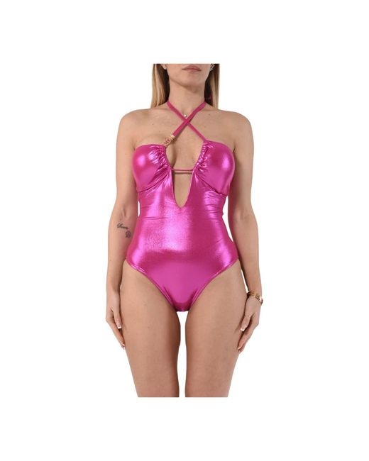 Moschino Pink Glänzender lycra-badeanzug mit metalllogo