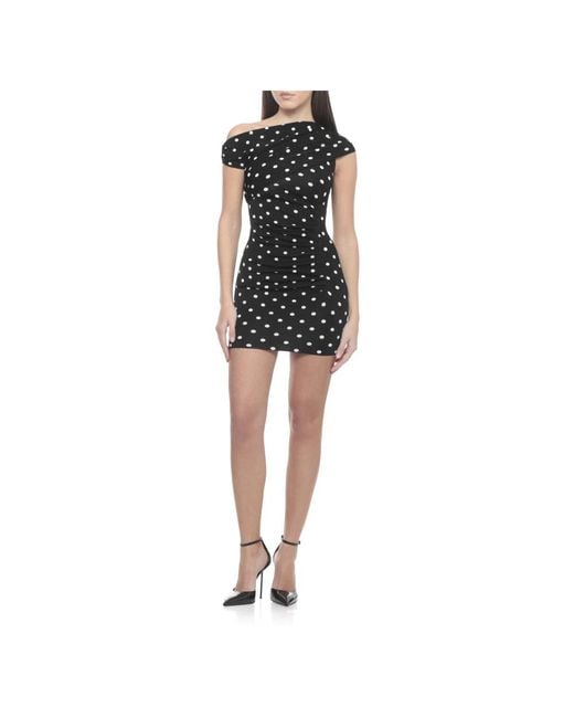 Self-Portrait Black Asymmetric One-Shoulder Mini Dress With Contrasting Polka Dot Pattern