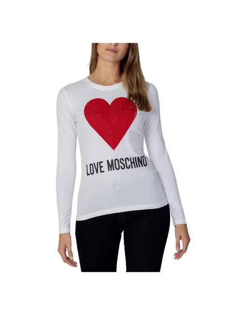Love Moschino White Weißes langarm t-shirt mit print für frauen