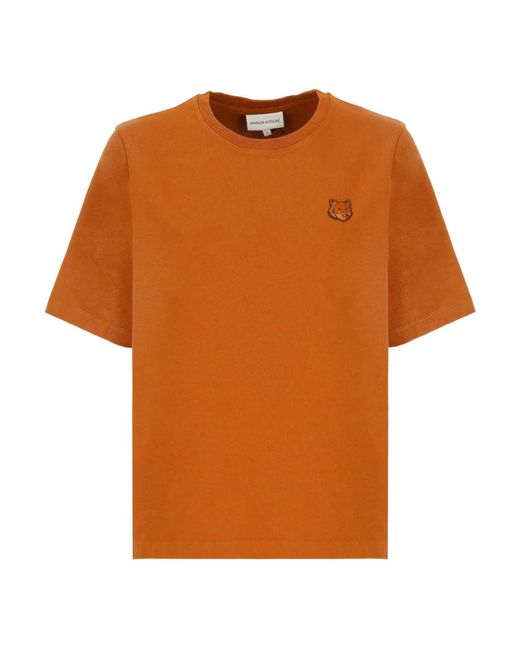 Maison Kitsuné Orange Braunes baumwoll-t-shirt mit logo-patch