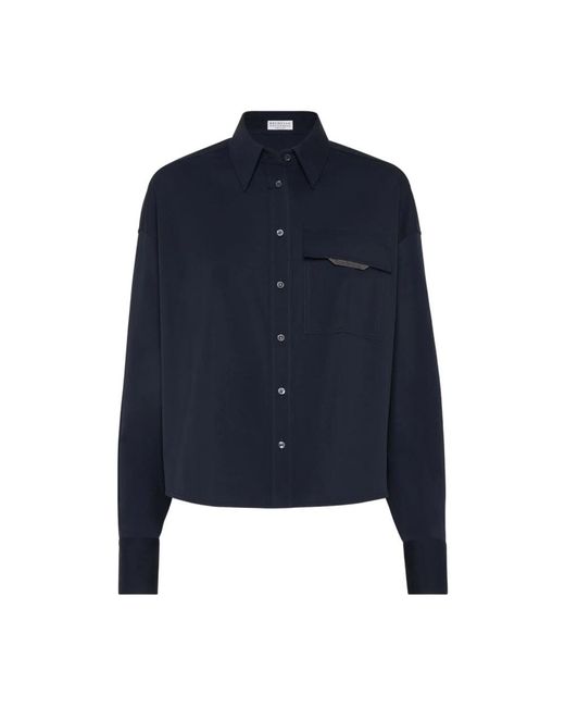 Brunello Cucinelli Stretch Katoen Poplin Cropped Shirt in het Blue