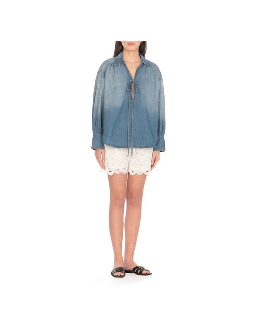 Pinko Overhemden ,Blauw ,Katoen Blauwe V-Hals Blouse Met Verlaagde Schouders in het Blue