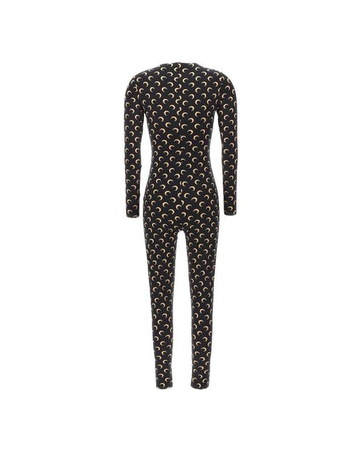 MARINE SERRE Jumpsuits & Playsuits ,Zwart ,Moon Printed Stretch Fabric Catsuit in het Black