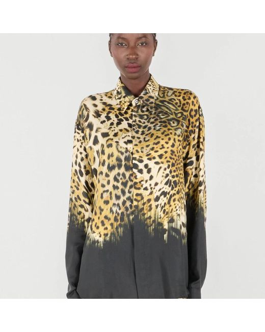 Roberto Cavalli Overhemden ,Bruin ,Jaguar Print Zijden Overhemd Lange Mouwen in het Green