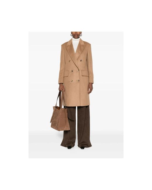 Max Mara Brown Kamel Doppelreihiger Mantel Mit Spitzem Revers