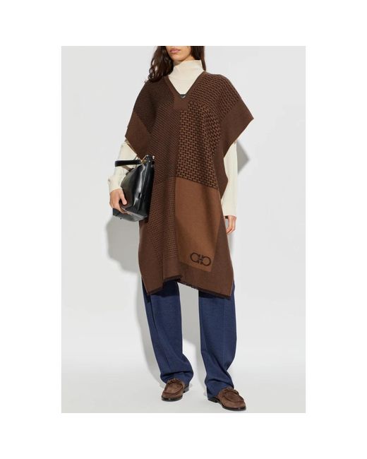 Ferragamo Jassen ,Bruin ,Wol Wollen Poncho Met Logo in het Brown