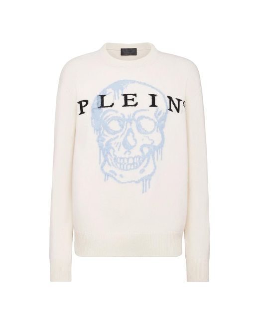 Philipp Plein Pullover Round Neck Ls Intarsia Skull in het White