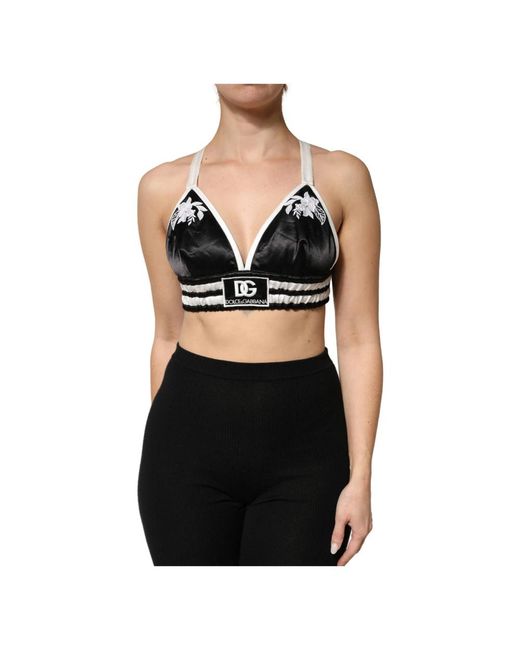 Dolce & Gabbana Floral Silk Satin Crop Logo Bralette Top in het Black