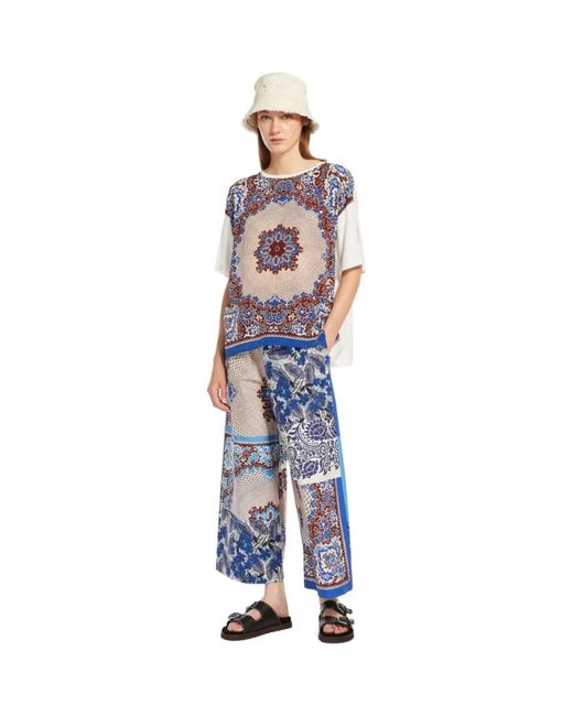 Weekend by Maxmara Blauw Katoenen Poplin Broek Met Wijde Pijpen En Patroon in het Blue