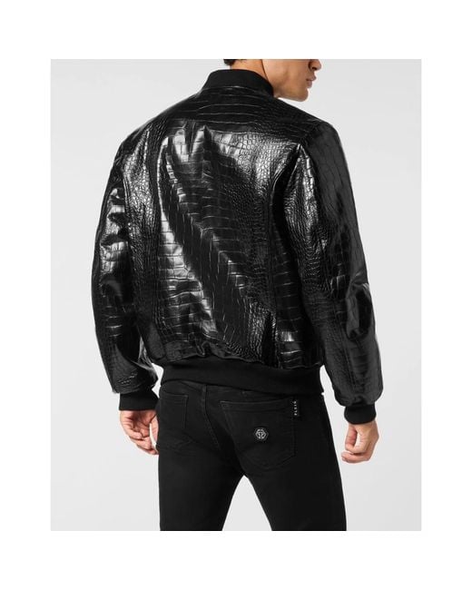 Philipp Plein Jassen ,Zwart ,Leer Leather Bomber Cocco Print in het Black voor heren