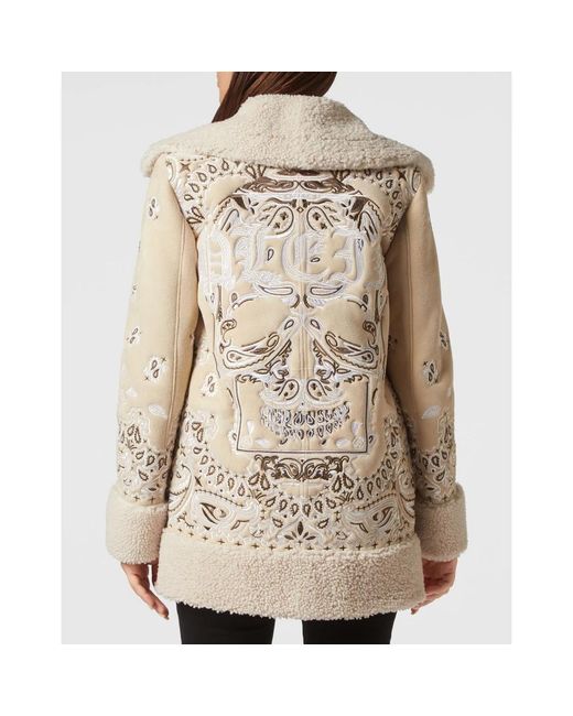 Philipp Plein Jassen ,Polyester Shearling Oversize Lange Jas Paisley Bandana in het Natural