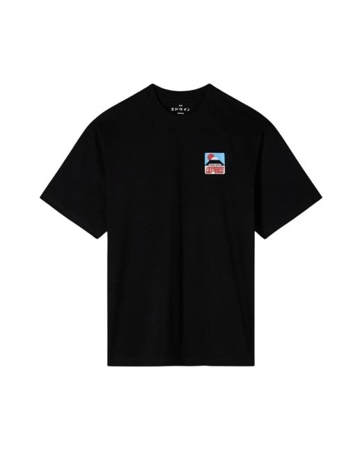 Edwin Tops ,Zwart ,Katoen Fuji San Zonsondergang Katoenen T-Shirt Print in het Black voor heren