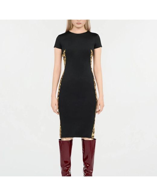Roberto Cavalli Black Midi-Kleid Mit Leopardenmuster-Einsätzen
