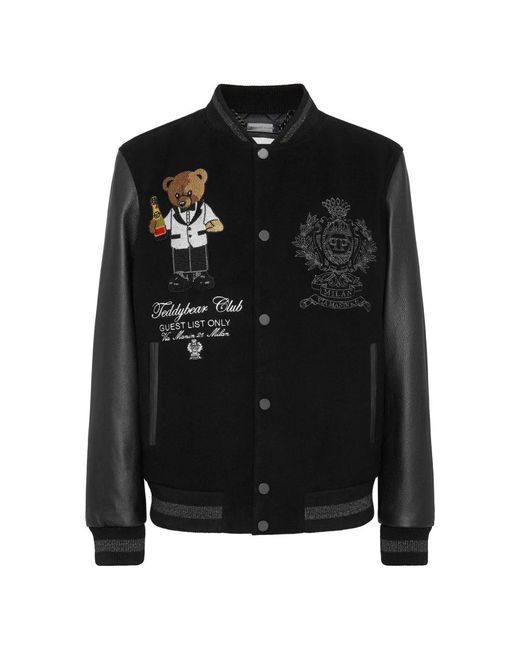 Philipp Plein Jassen ,Zwart ,Wol Leren Bomber Teddy in het Black voor heren