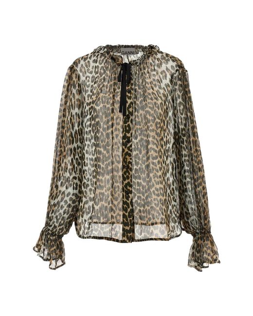Ganni Blouse Met Luipaardprint En Strikdetail in het Green