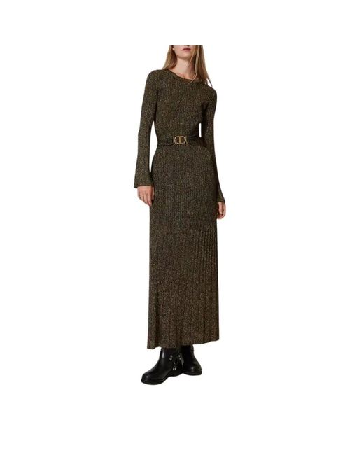 Twinset Green Langes gestricktes rippkleid mit ovalgürtel