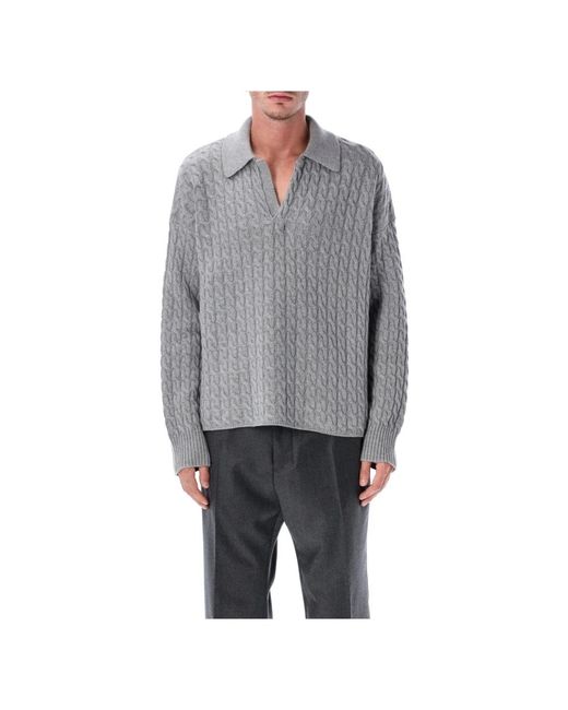 AMI Gray Cable Knit Polo Pullover