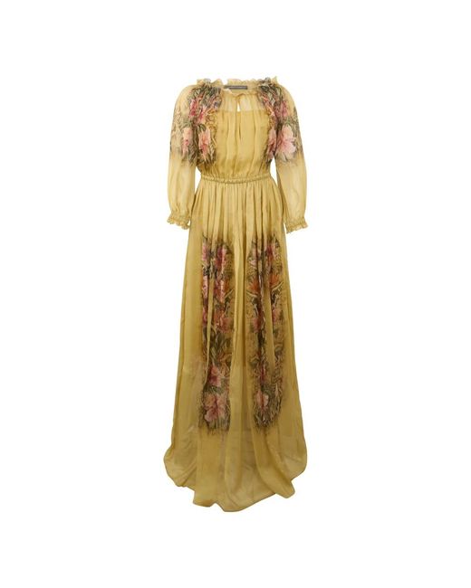 Alberta Ferretti Jurk Met Ballonmouwen En Ruches Van Zijde in het Metallic