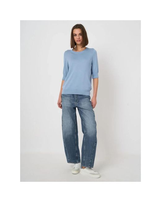 Repeat Cashmere Basic Fijngebreide Pullover Met Korte Mouwen in het Blue