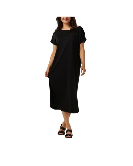 Minus Kleedjes ,Zwart ,Boat Neck Short Sleeve Midi Jurk in het Black