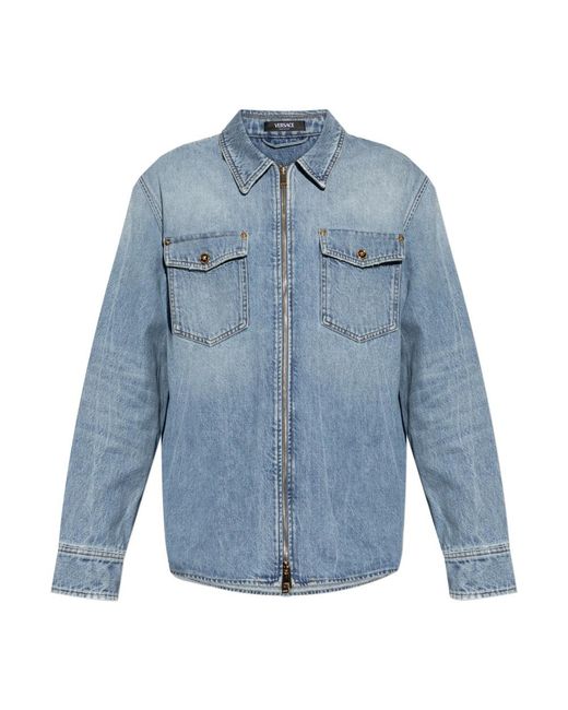 Versace Overhemden ,Blauw ,Denim Denim Overshirt Met Rits in het Blue voor heren