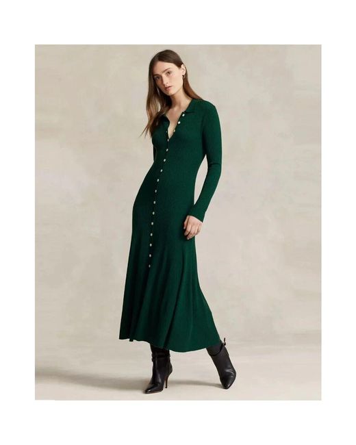 Ralph Lauren Green Woll-maxikleid mit kragen