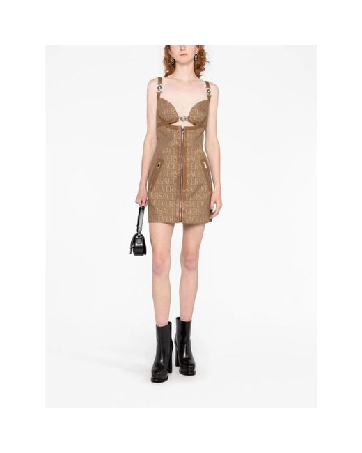 Versace Monogram Mini -kleid Mit Lederverkleidungen in het Brown