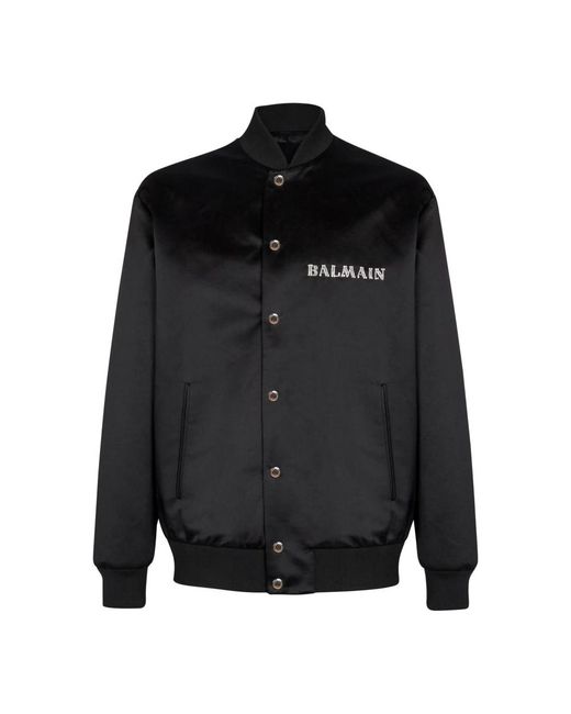 Balmain Jassen ,Zwart ,Polyester Satin Bomberjack Met Galaxy Borduursel in het Black voor heren