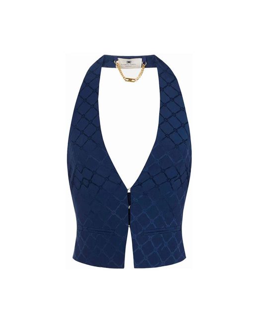 Elisabetta Franchi Blue Blaue satinweste mit diamant-jacquard,blaue jacken für frauen