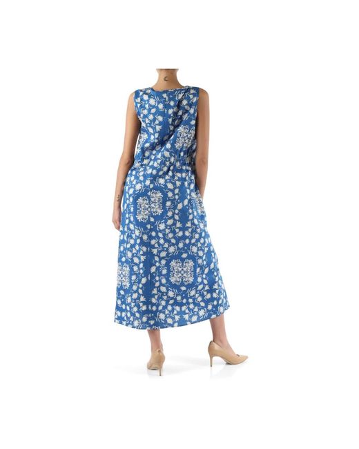 Elena Miro Blue Midi-kleid aus baumwoll-popeline mit v-ausschnitt