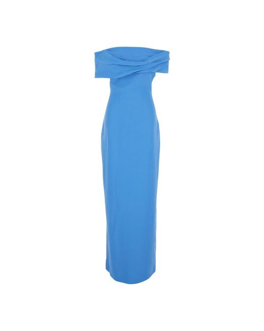 Solace London Blue Blaues off-shoulder langes kleid mit drapiertem detail