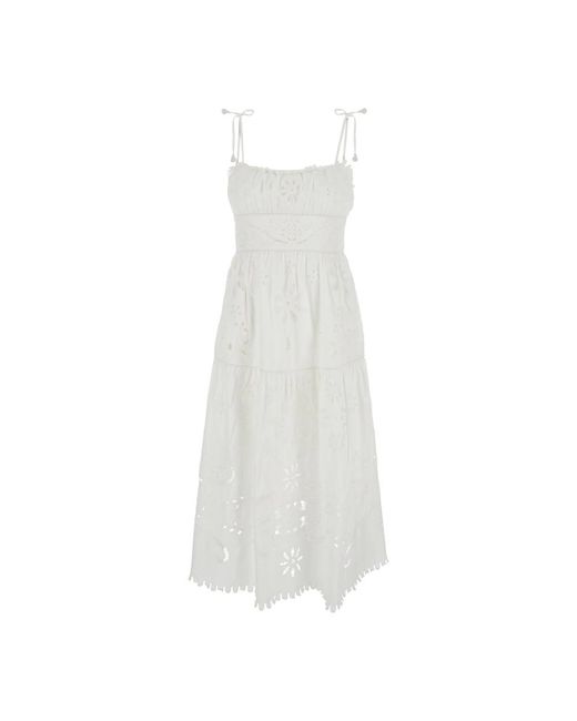 Vestido Midi Blanco Bordado Con Volantes, Mujer, Talla Sea de color White