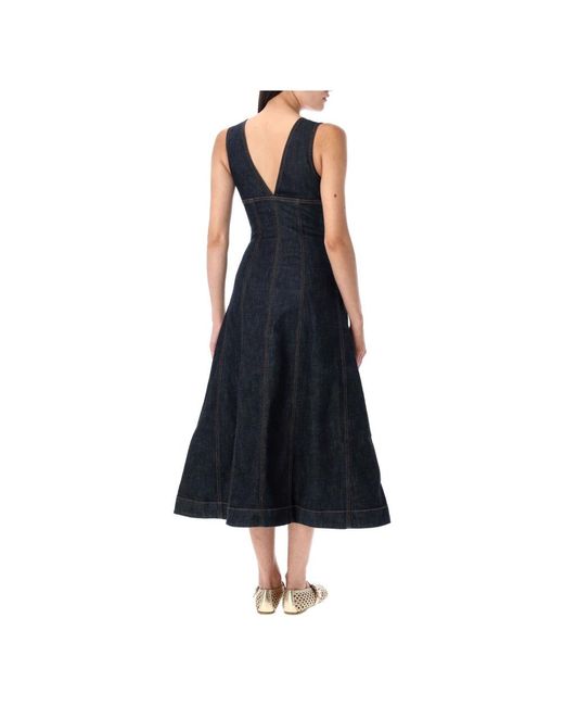 Self-Portrait Kleedjes ,Zwart ,Denim Blauwe Denim Midi Jurk Met V-Hals in het Blue