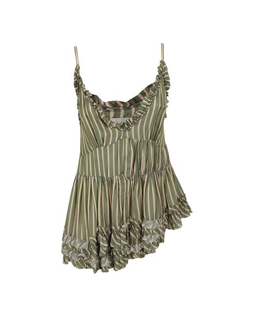 Dries Van Noten Green Asymmetrical Striped Satin Tank Top With Ruffled V-Neckline