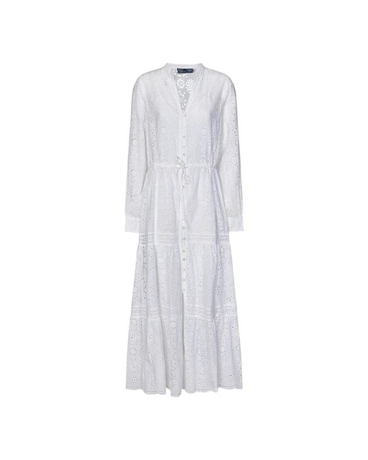 Ralph Lauren White Weiße v-ausschnitt kleid mit kordelzug taille