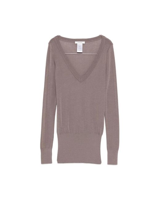 Lemaire Brown Taupe V-Ausschnitt Pullover Mit Gerippten Details