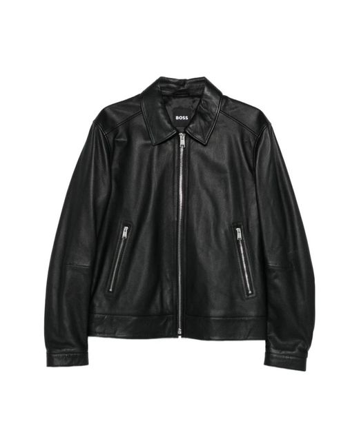 HUGO Black Leather Jackets for men