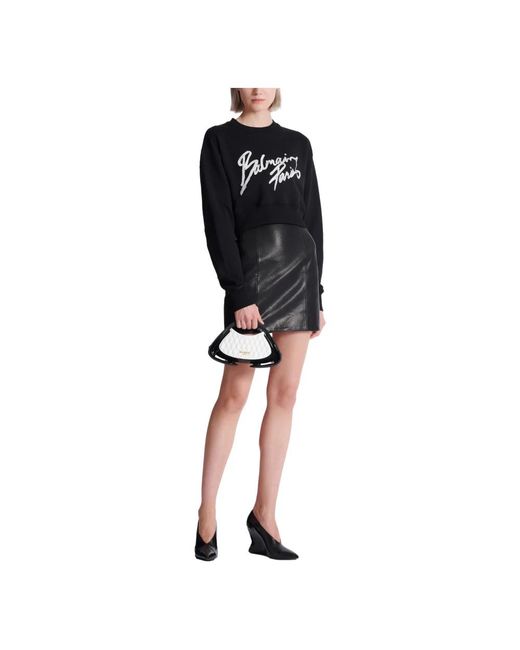 Balmain Hoodies & Sweatvesten ,Zwart ,Katoen Cropped Sweatshirt Van Bedrukt Katoen in het Black