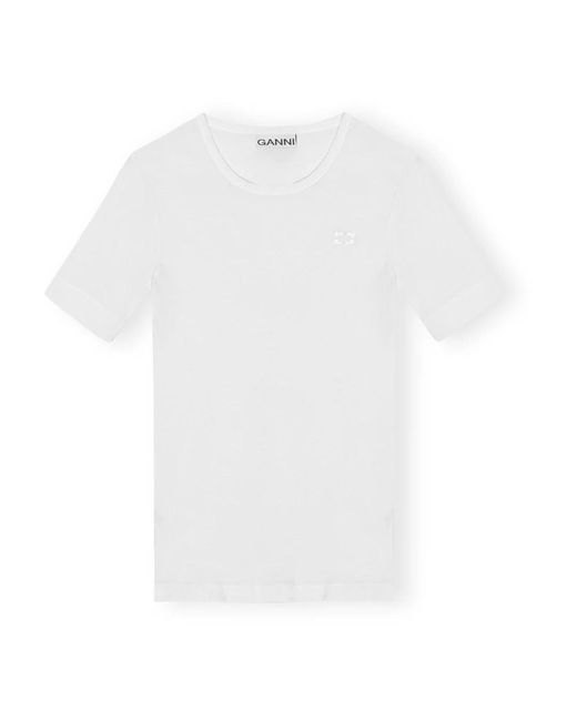 Ganni White Weiches ripp kurzarm t-shirt