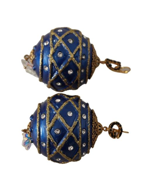 Dolce & Gabbana Goud Messing Blauwe Kerstbal Kristallen Clip Op Oorbellen in het Blue